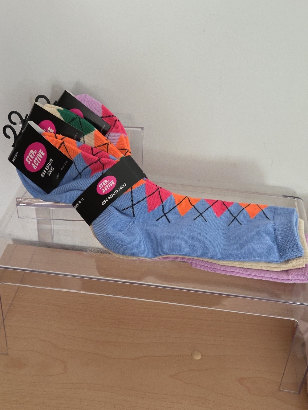 Women’s Argyle Crew Socks NWT - Light Blue with Pink & Orange Accents